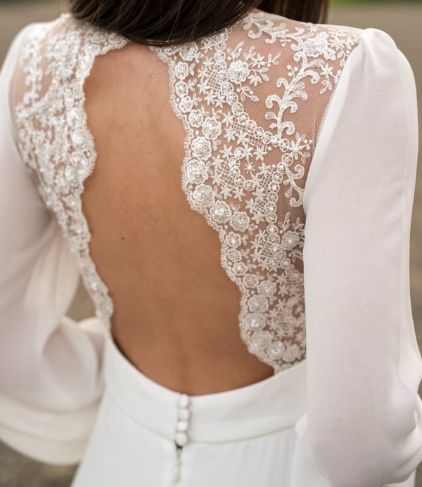 Ivory lace wedding dress, long-sleeve button back long train gown lace chiffon Wedding Dresses