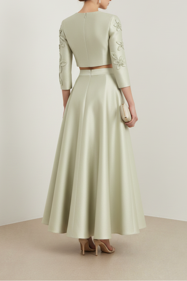 2 Piece Long Sleeve Applique A-Line Ankle-Length Evening Dress