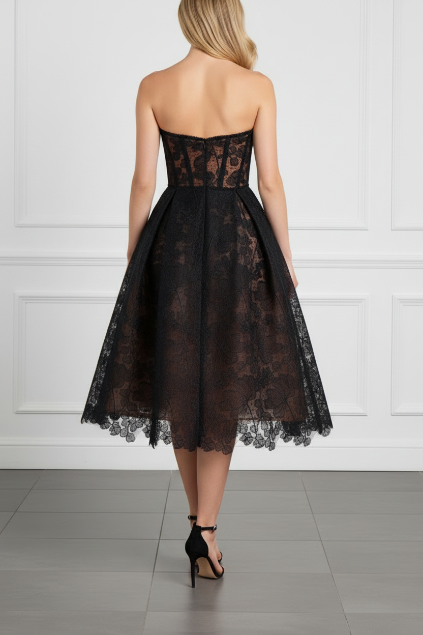 Sweetheart Sleeveless Lace A-Line Tea-Length Evening Dress