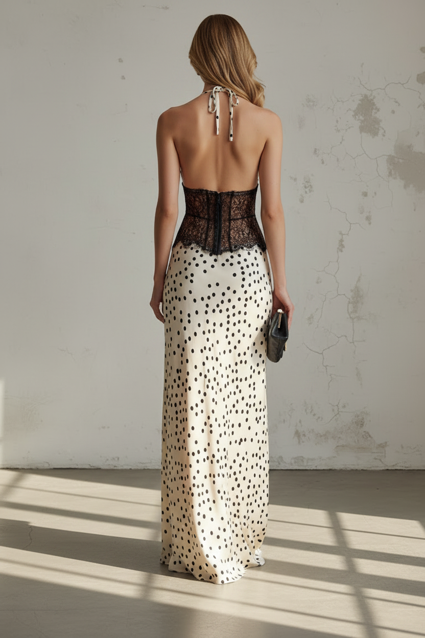 Polka Dot Halter Sleeveless Backless Lace Mermaid Evening Dress