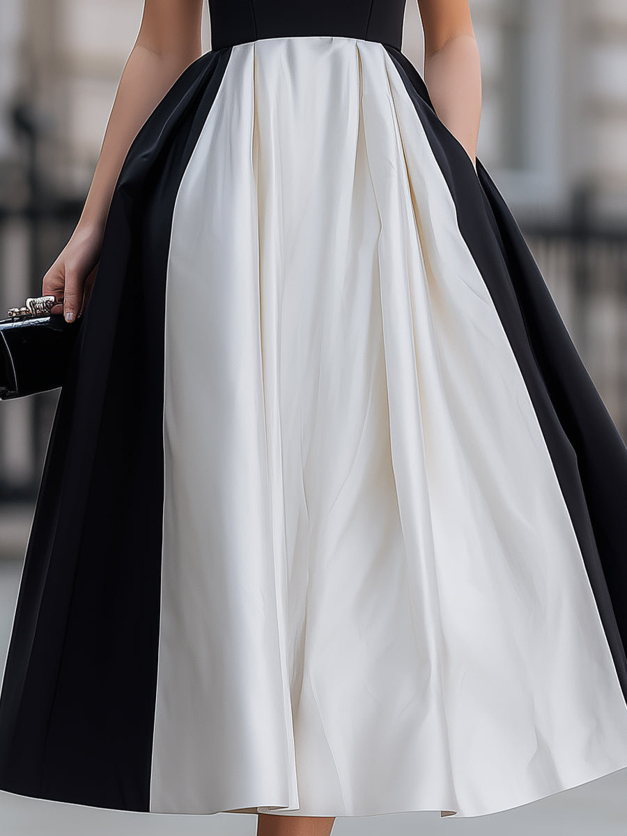 Black White Color Block Sleeveless Fit-and-Flare Midi Dress