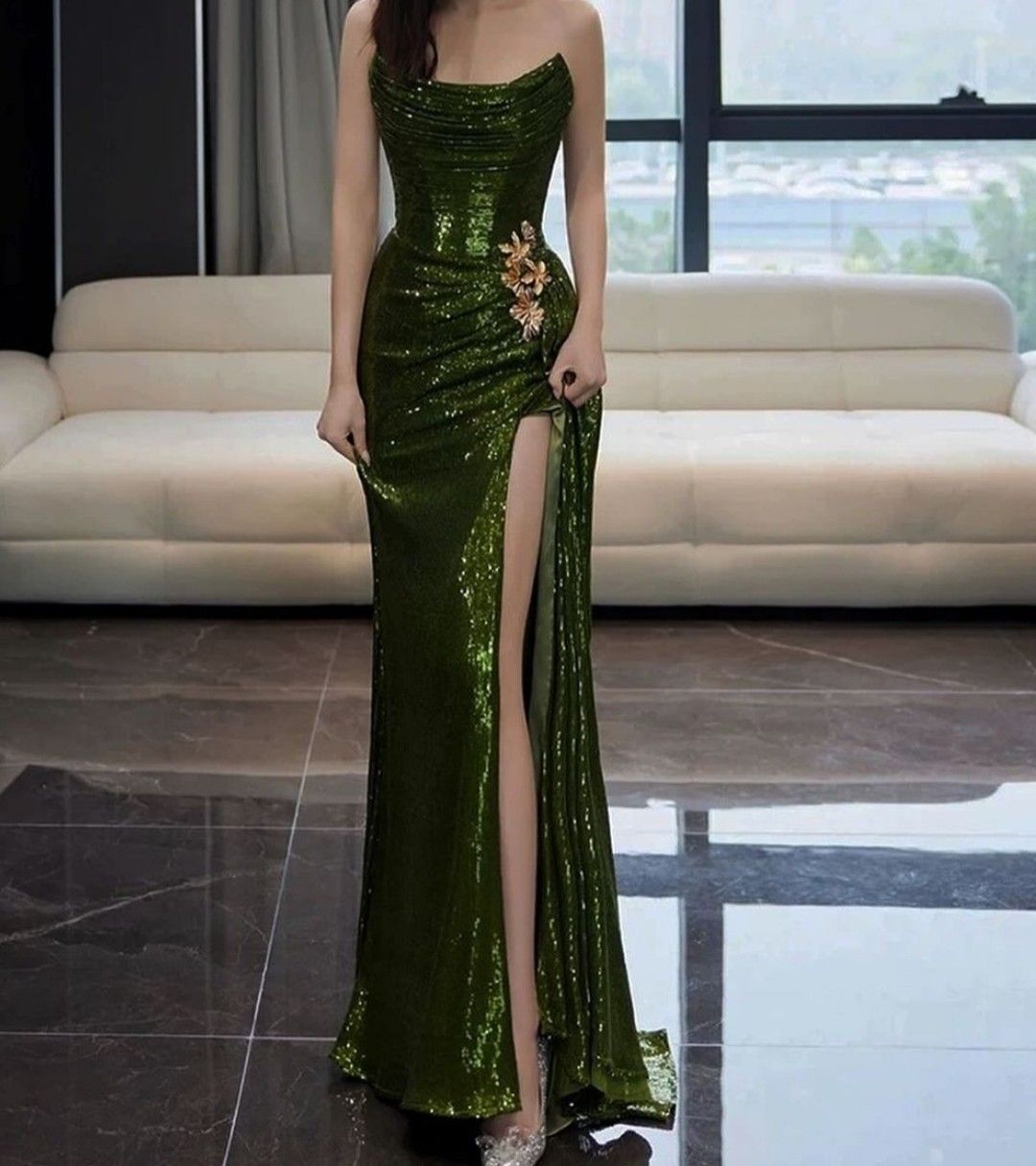 Elegant Mermaid Strapless Dark Green Sequin With Slit Evening Women Party Dresses Long Formal Prom Dress 16 Birthday Gown AB1245