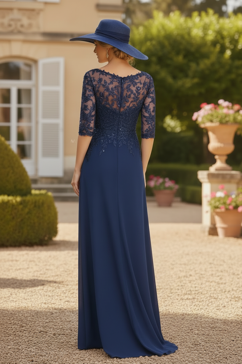 Exquisite Plunge Neck Floral Embroidered Sleeves Chiffon Mother Of The Bride Dresses With High Split