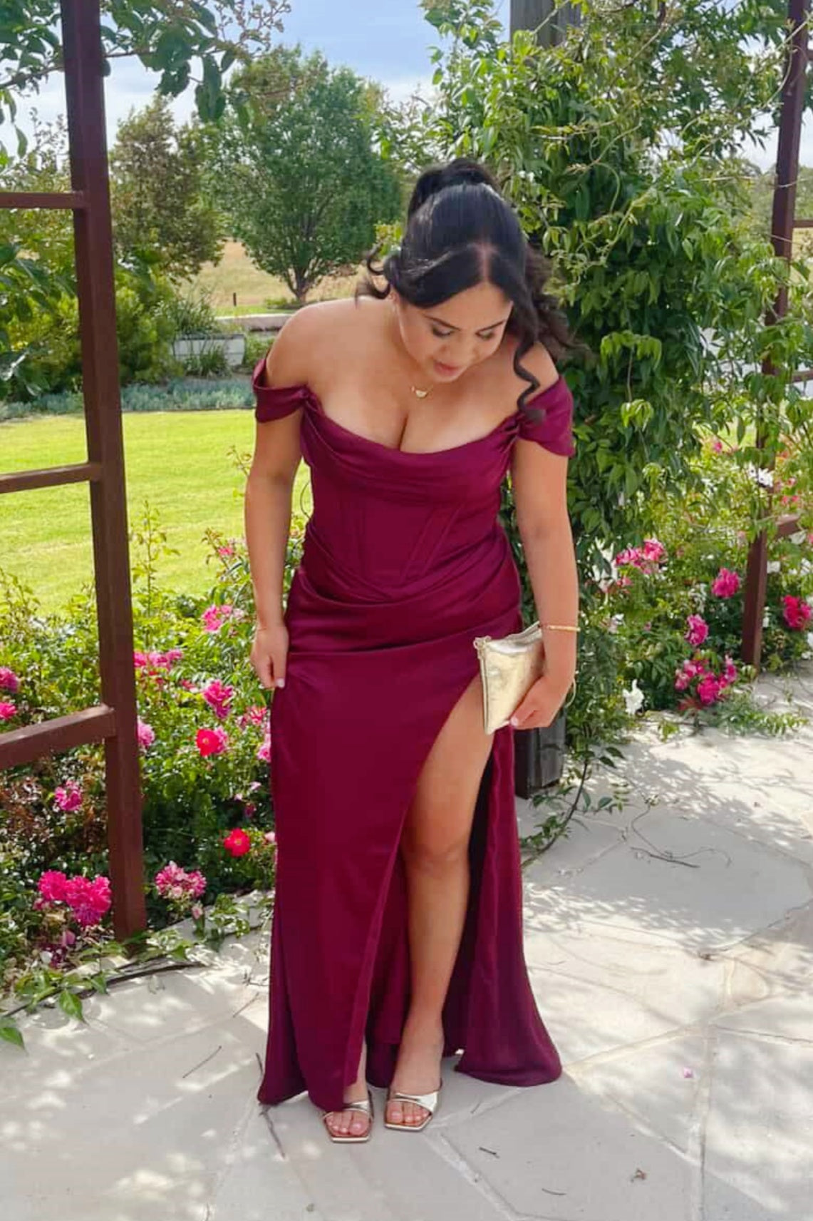 Burgundy Off-the-shoulder Side Slit Long Prom Dress