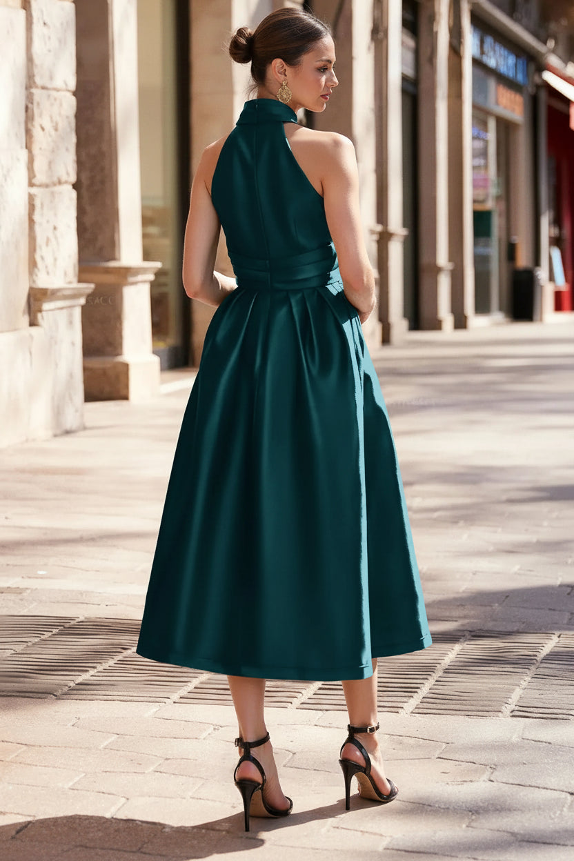 A-Line Halter Sleeveless Tea-Length Satin Mother Of The Bride Dresses With Pockets