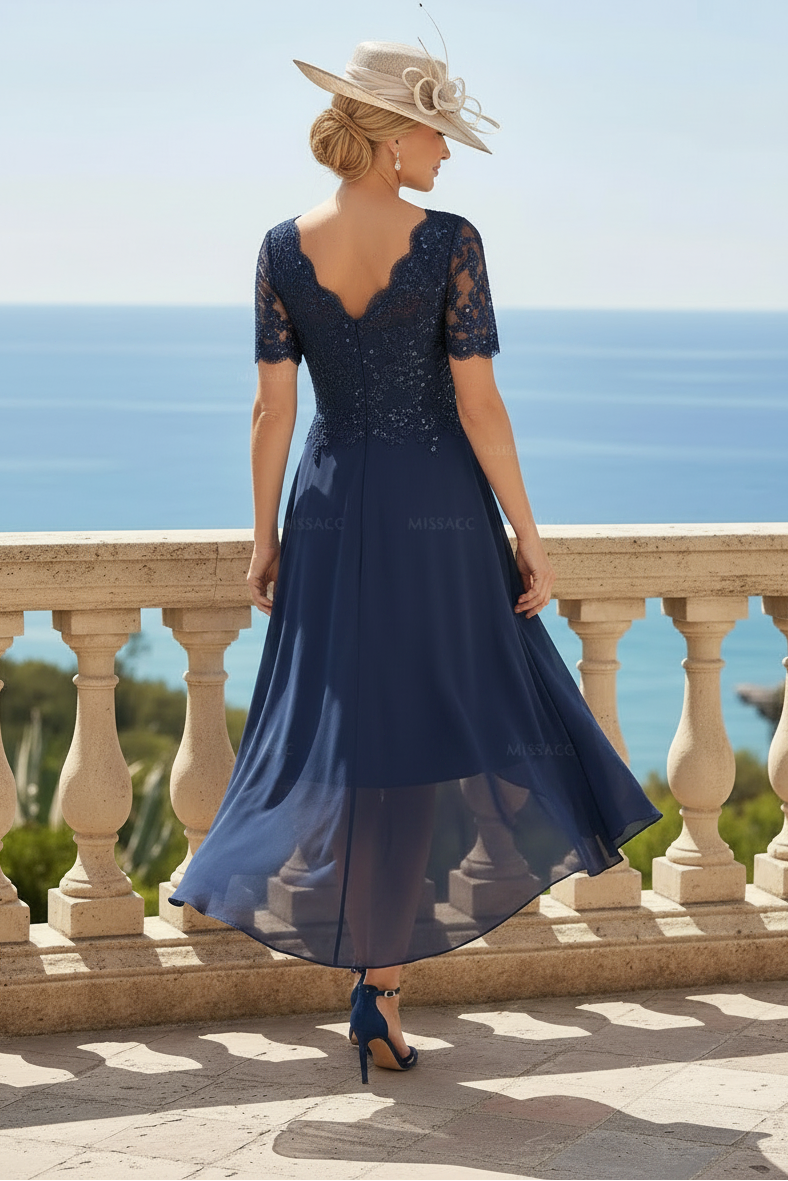 A-Line V-Neck Short Sleeves Asymmetrical Chiffon Mother Of The Bride Dresses With Lace