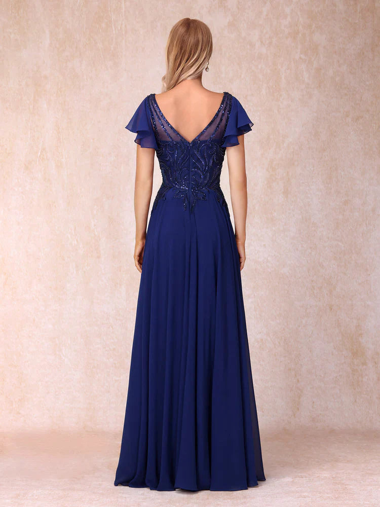 V-neck short sleeved long formal mother of the bride dress