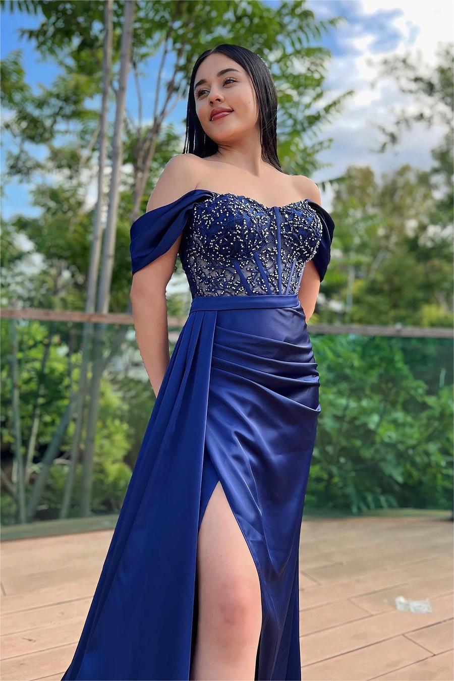 Royal Blue Off the Shoulder Sleeveless Long Split Evening Dress With Beading