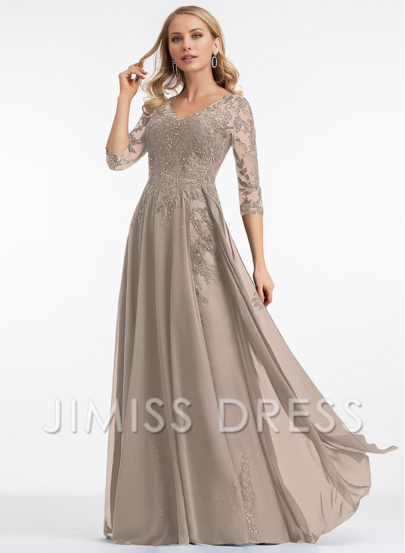 Jimiss A-line V-neck floor mopping lace chiffon with sequins mother of the bride dress