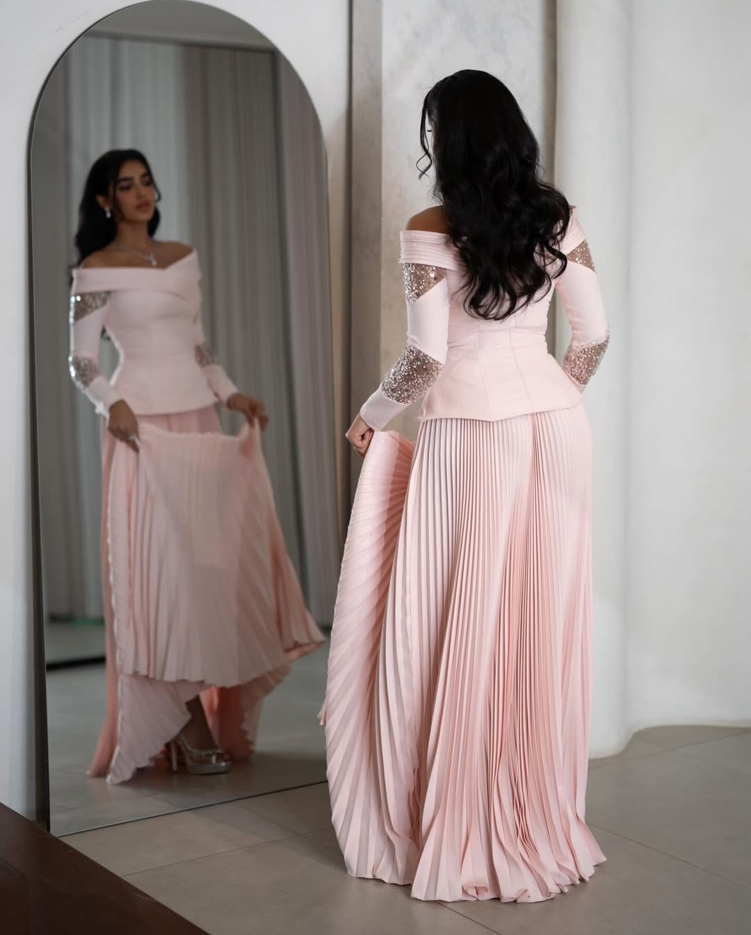 Pink Sequins Sparkle Long Sleeve A-Line Evening Dress Off the Shoulder