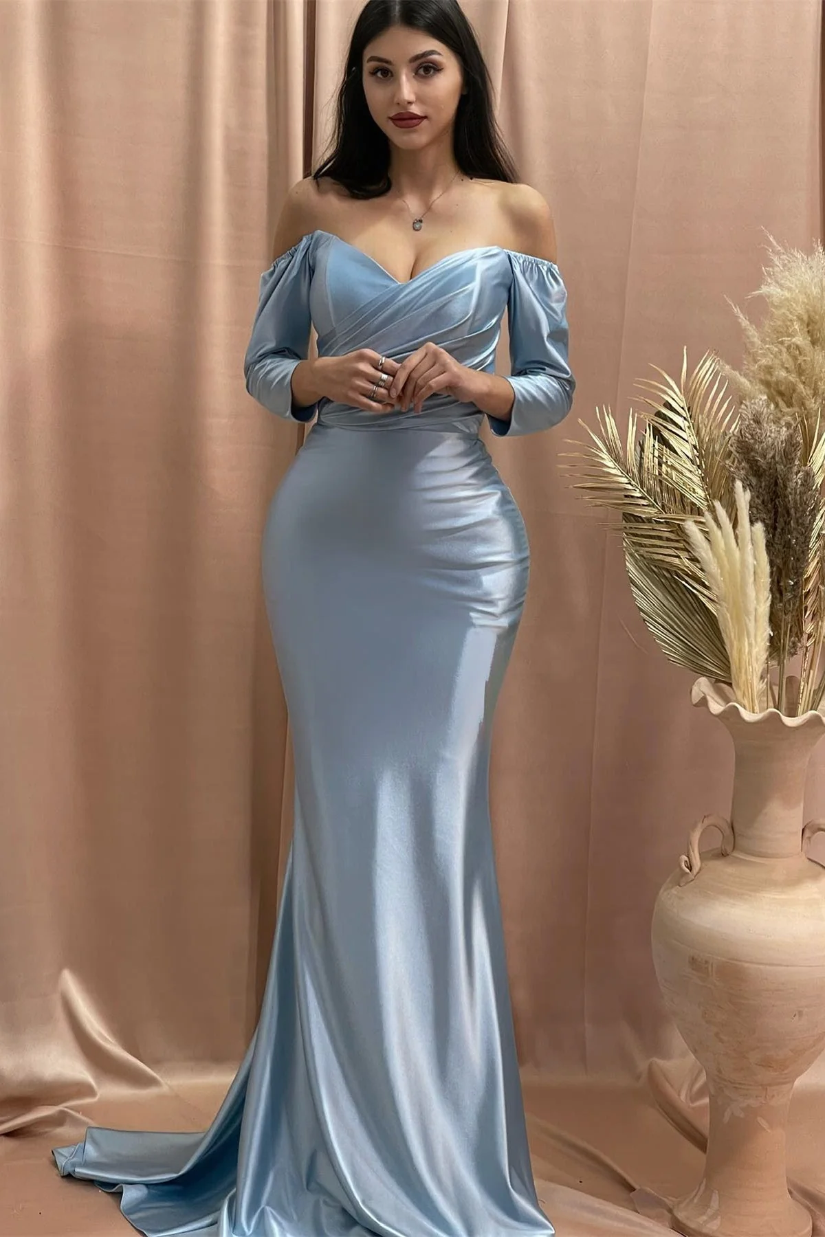 Charming Dusty Blue V-Neck Long Sleeves Satin Prom Dress Mermaid Sheath With Pleats