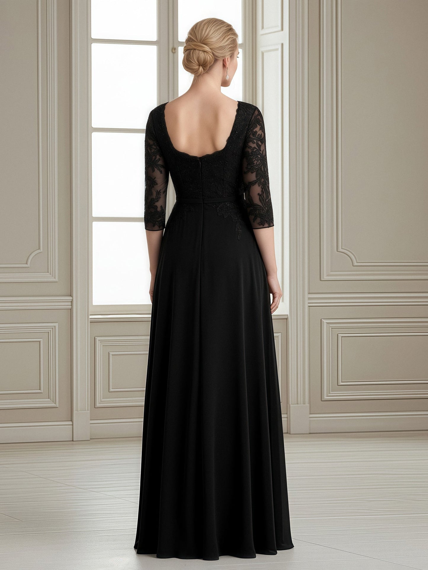 Square Neck A-Line Gown with Embroidered Lace Sleeves Black