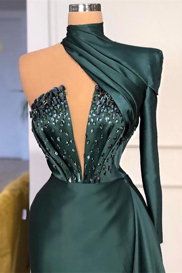 One Shoulder High Neck Pleated Long Prom Dress Dark Green With Beadings