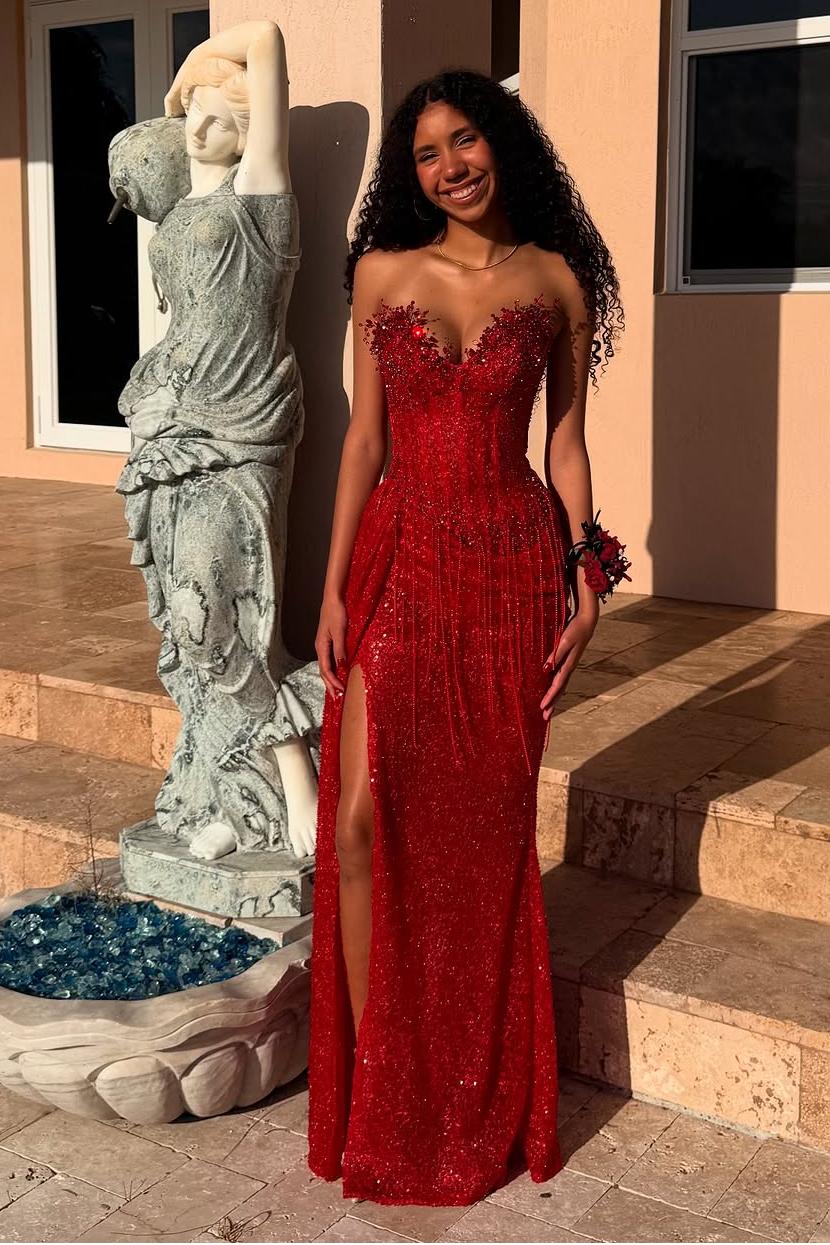 Red Strapless Sleeveless Long Mermaid Prom Dress With Sequins Split – VOAND