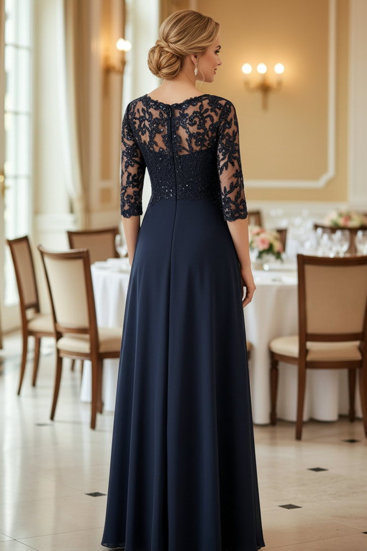 Elegant V-Neck 3/4 Sleeves Floor-Length Chiffon Mother Of The Bride Dresses With Appliques