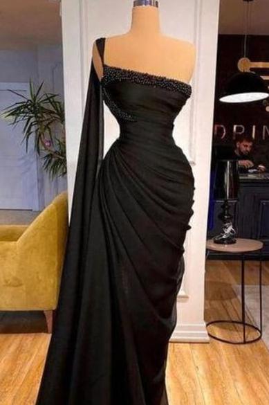 One Shoulder Sleeveless Mermaid Ideal Black Pleated Prom Dress With Beadings