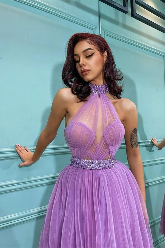 Purple Tulle High Neck Sweetheart Sleeveless A-Line Prom Dress with Beadings
