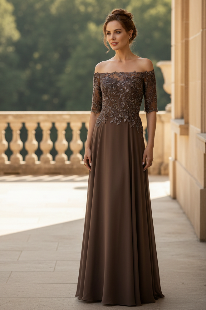 A-Line Off-The-Shoulder 1/2 Sleeves Mother Of The Bride Dresses With Split Front