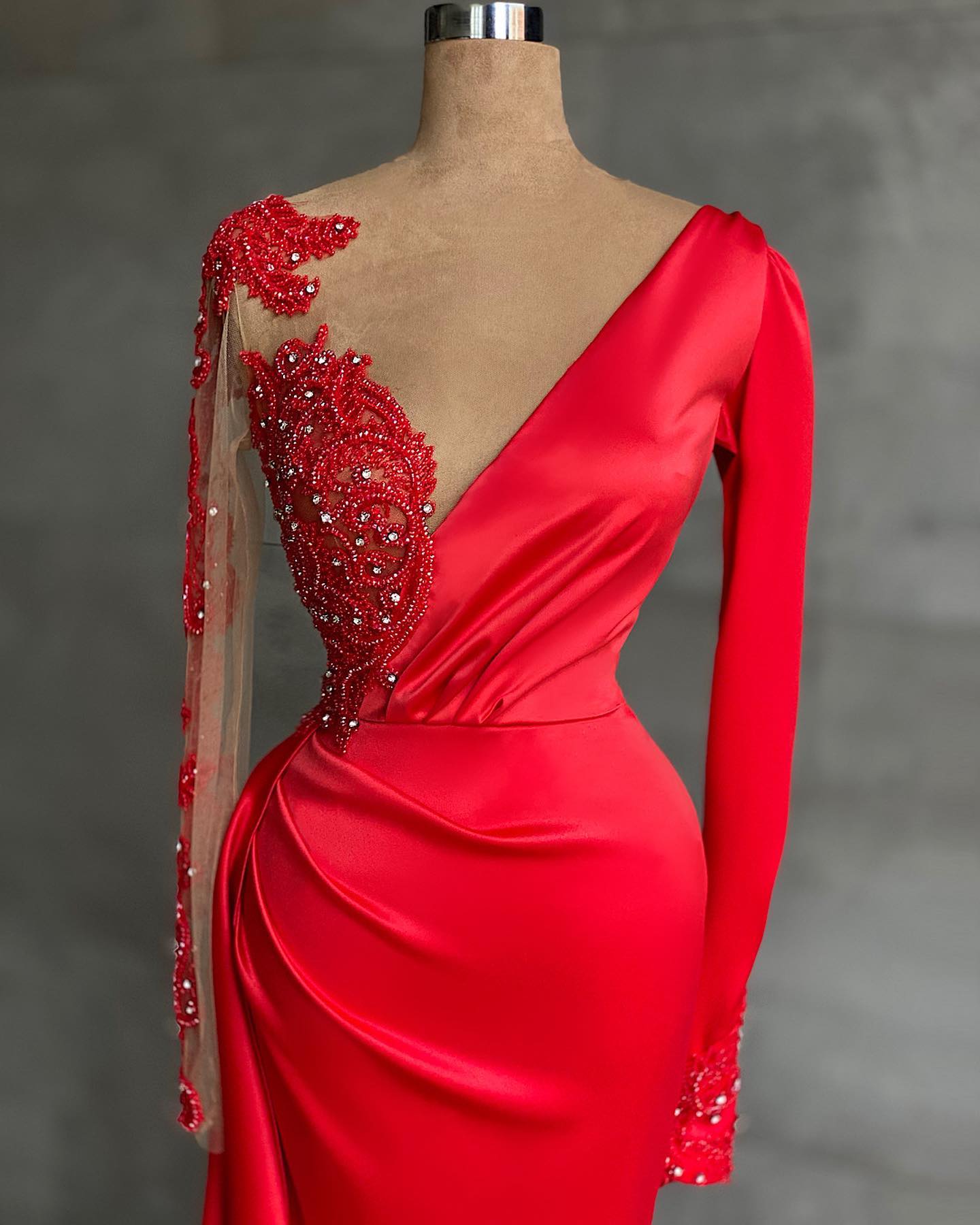 Deep V Neck Long Sleeves Red Long Split Prom Dress Mermaid With Appliques