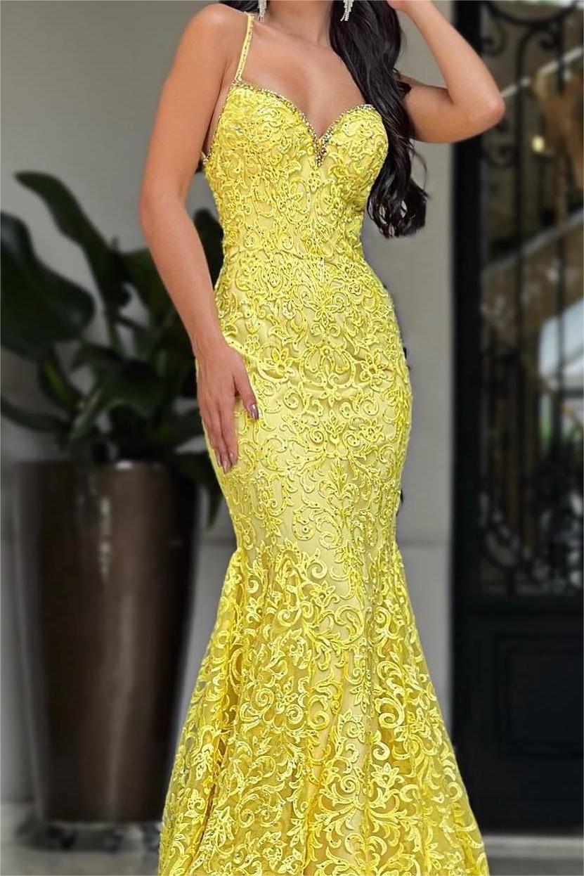 Chic Yellow Spaghetti Strap Sweetheart Sleeveless Long Mermaid Prom Dress