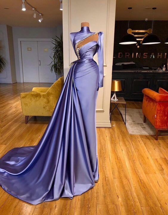 High Neck Long Sleeves Pleated Mermaid Prom Dress Beadings With Ruffles