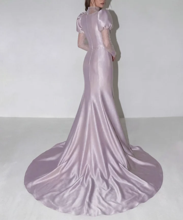 Lilac High Neck Mermaid Prom Dress Long Sleeves in Satin with Lace