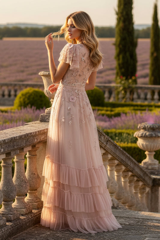 Pink Ruffle Tiered V-Neck A-Line Tassel Evening Dress