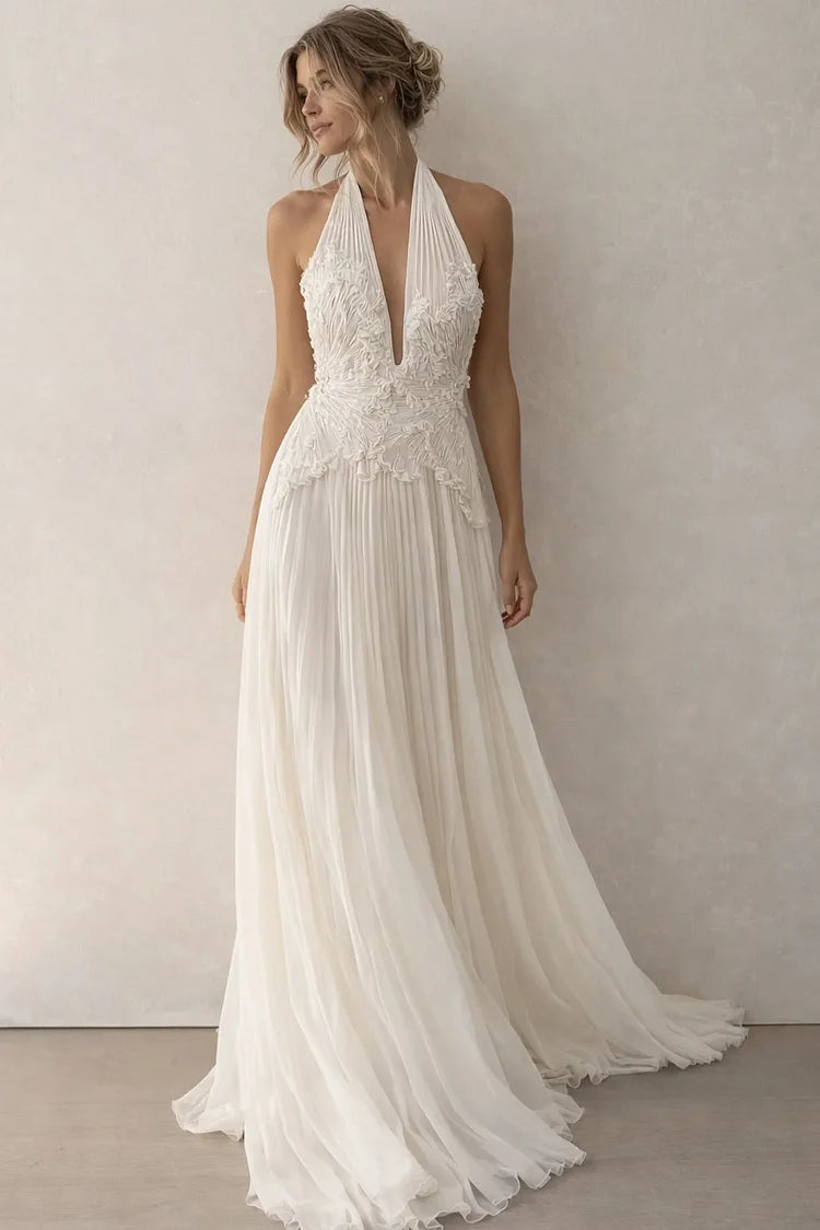 Chiffon Halter Deep V-Neck Strapless Sleeveless High-Waisted Long A-Line Prom Dress With Pleated