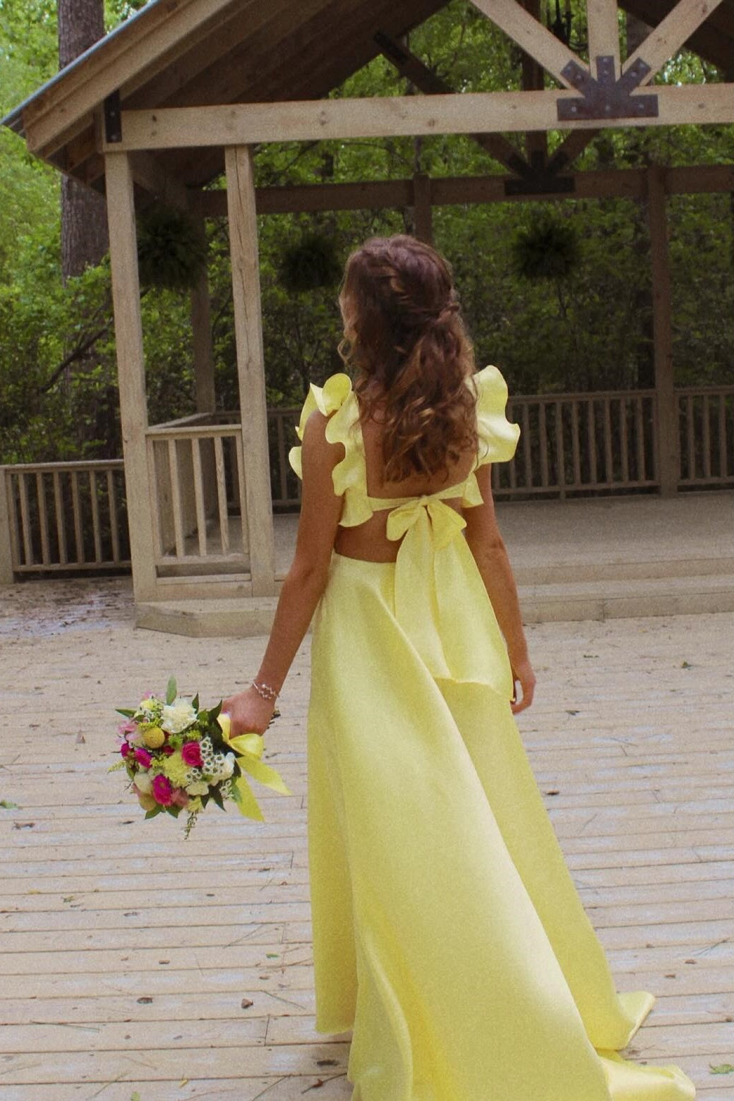 Square Neckline Yellow A-line Long Prom Dress