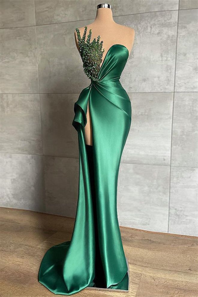 Glitter Mermaid One Shoulder Satin Green Slit Beads Long Prom Dresses Formal Party Dress Evening Gown AB1242