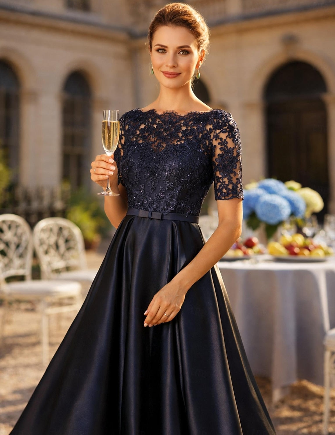 Lace Half Sleeve A-Line Tea-Length Formal Women Evening Dress