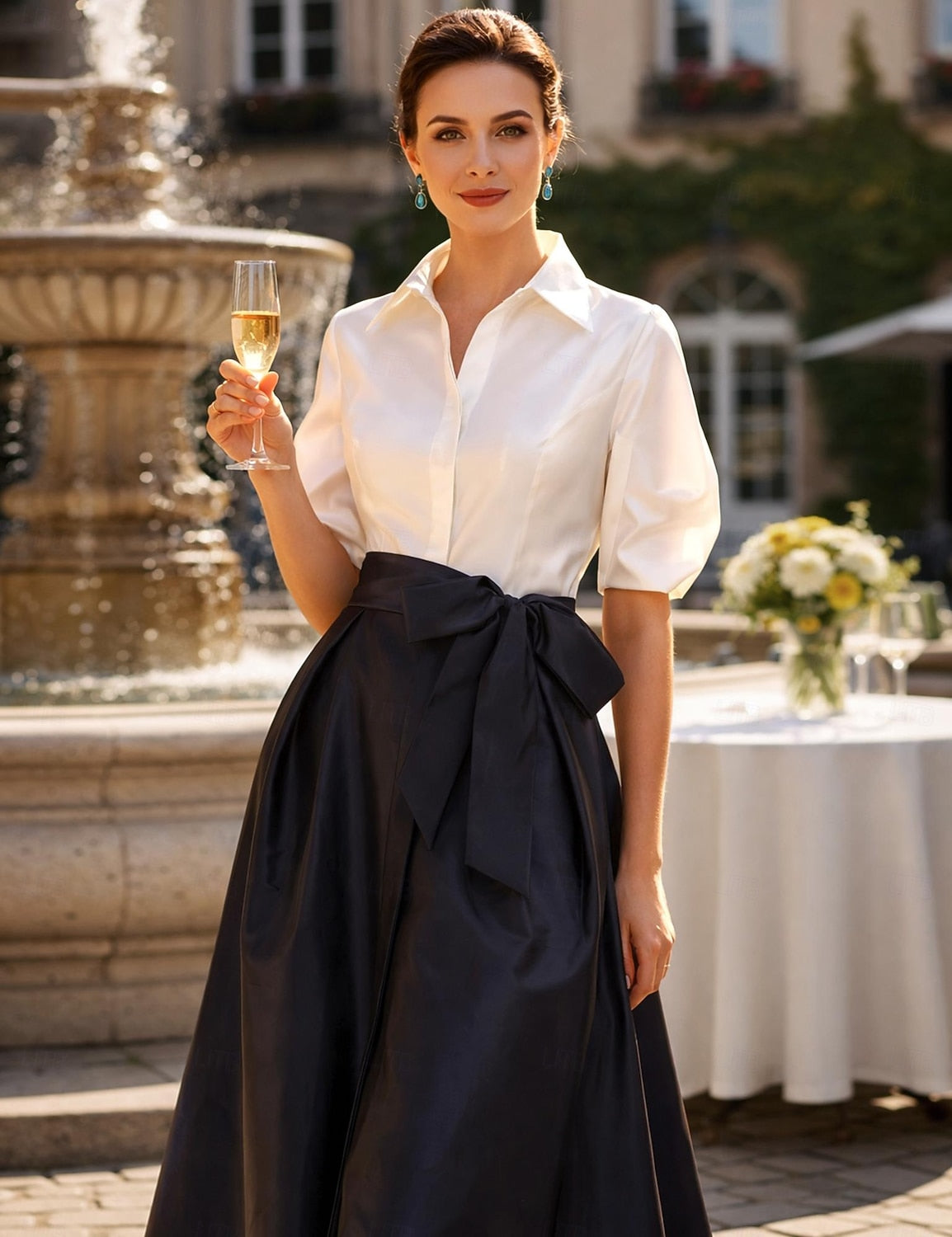 Elegant Half Sleeve A-Line Black Bow Evening Dress