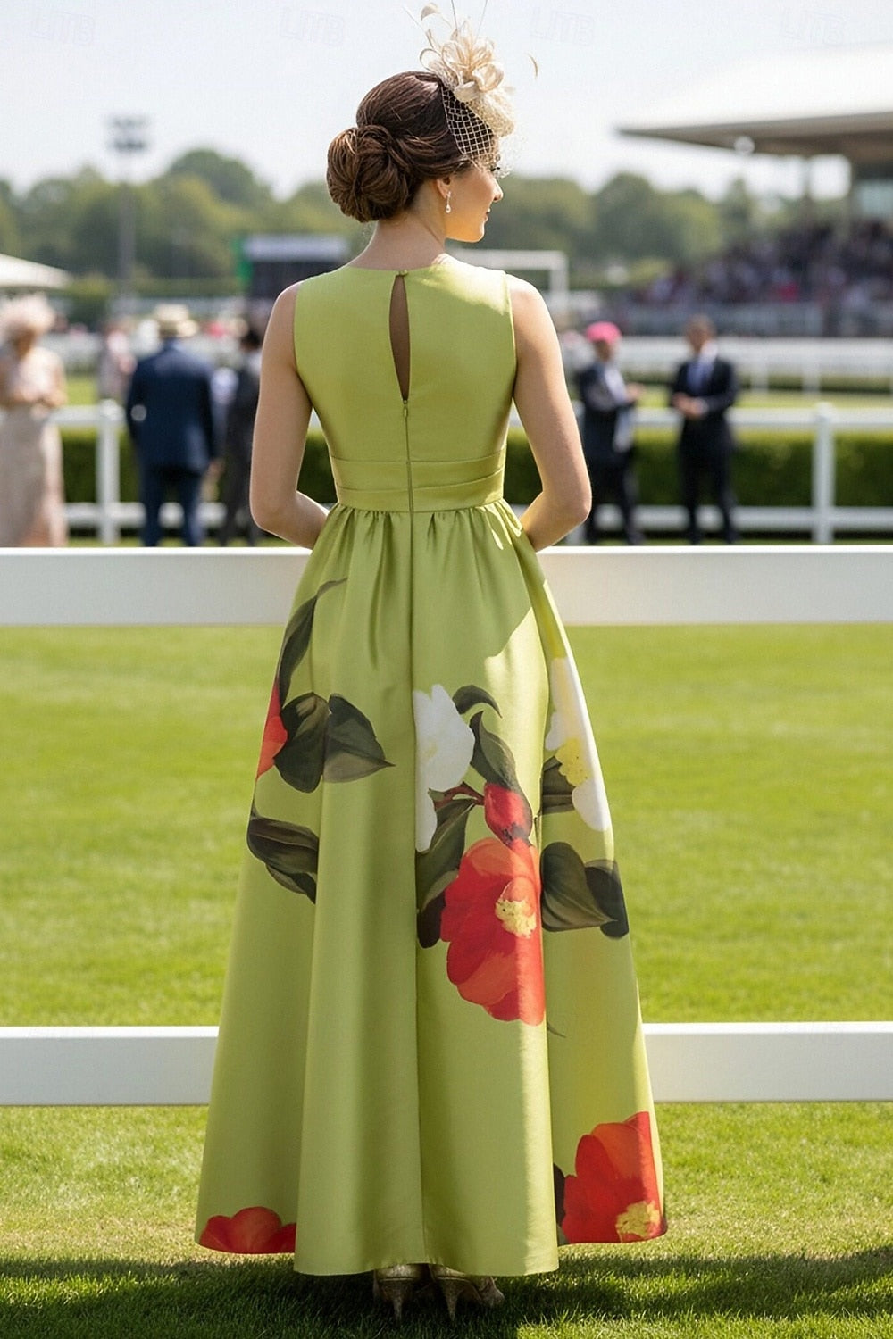Green Halter Floral Print Sleeveless A-Line Ankle-Length Evening Dress