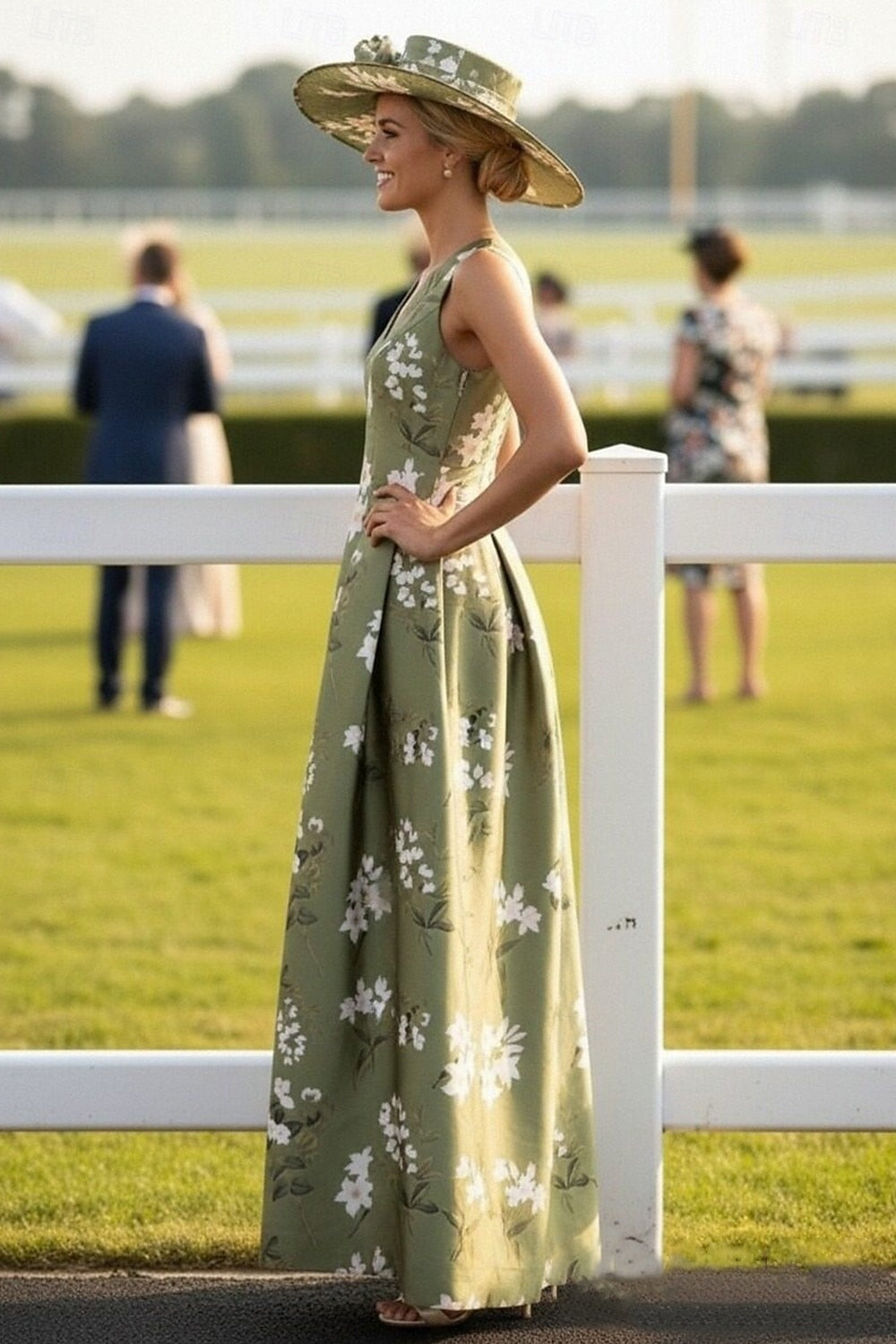 Green V-Neck Sleeveless A-Line Floral Print Flowers Evening Dress