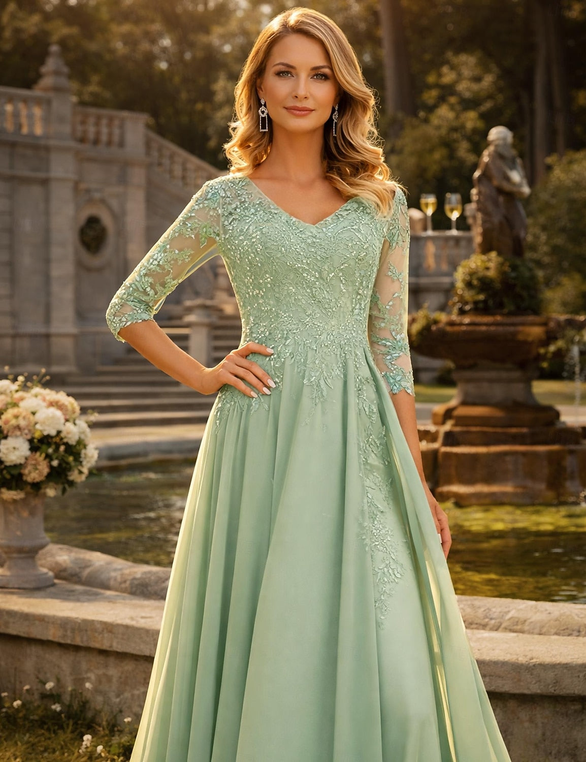 Green Applique Lace 3/4 Sleeve A-Line Floor-Length Evening Dress