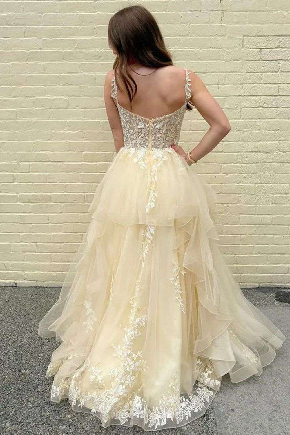 A-Line Straps V-Neck Empire Waist Lace Appliques Ruffles Prom Dress