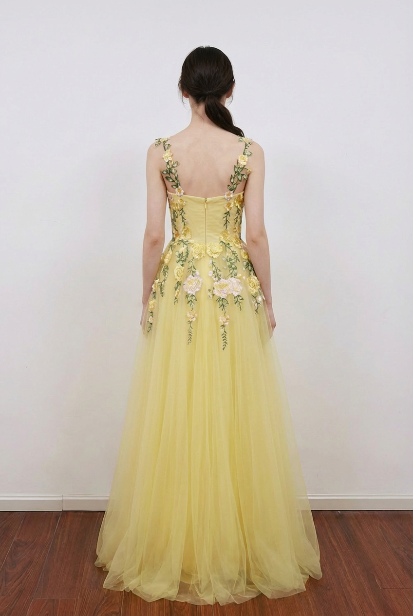 A-Line Flower Embroidery Light Yellow Prom Dress Formal Gown