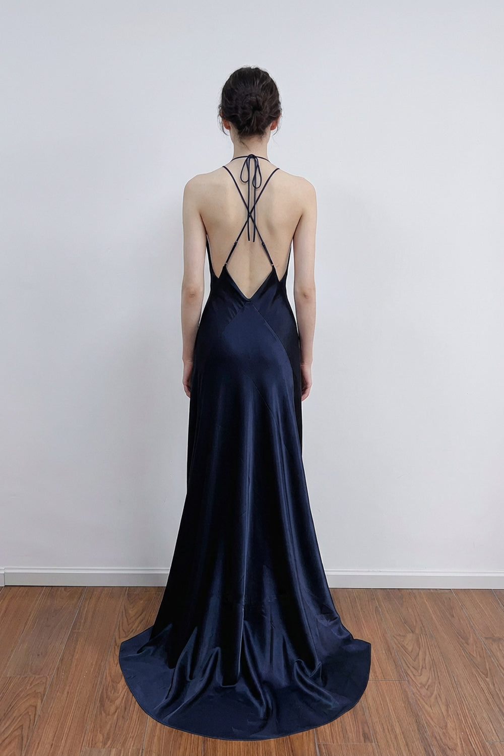 A-line Deep Halter V-neck Satin Navy Blue Prom Dress Formal Gown