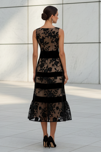 Sexy Black Lace Sleeveless A-Line Tea-Length Evening Dress