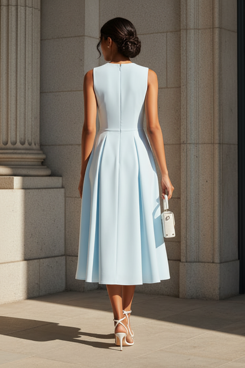 Simple Blue Sleeveless A-Line Tea-Length Evening Dress