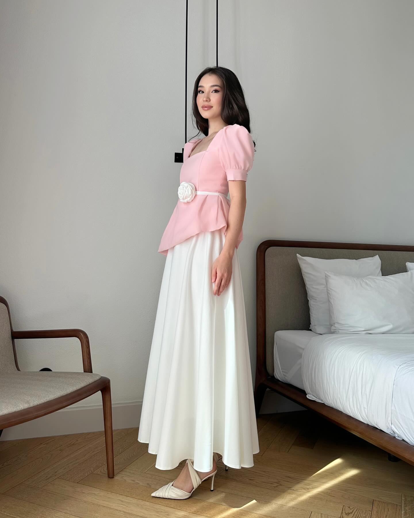 Pink Square Neck Half Sleeve A-Line Ankle-Length Evening Dress