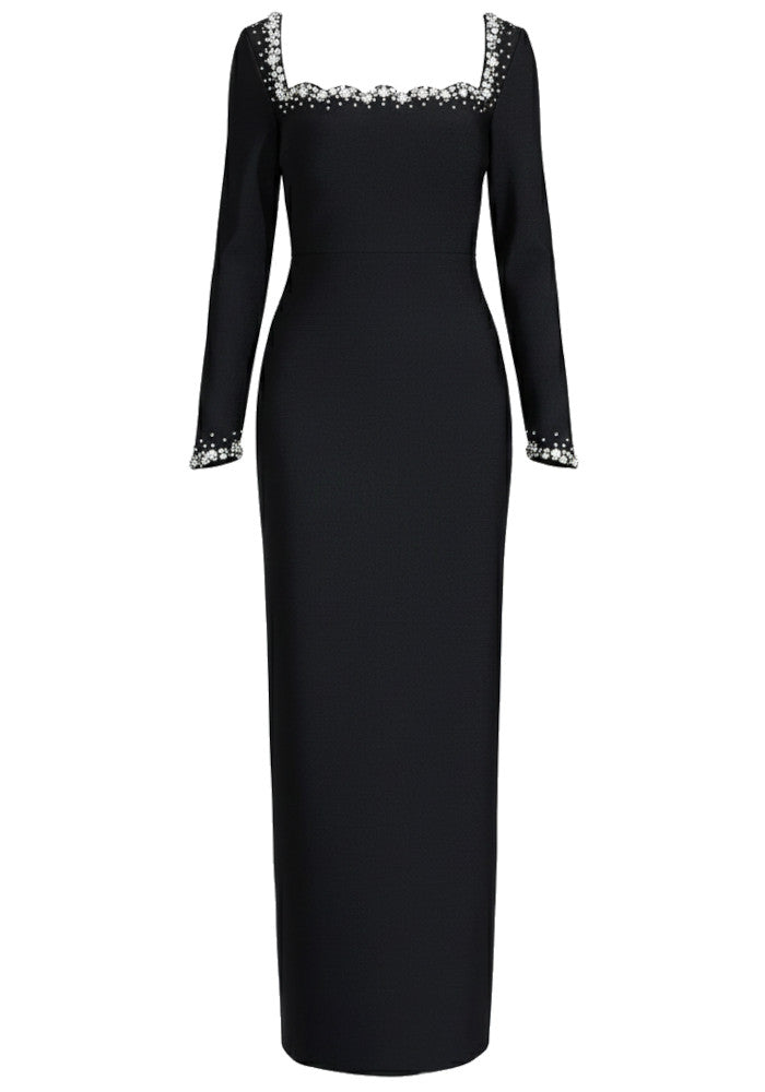 Chic Black Satin V-Neck Long Sleeve Beaded Prom Dresses for Formal Evening Events Wedding Galas