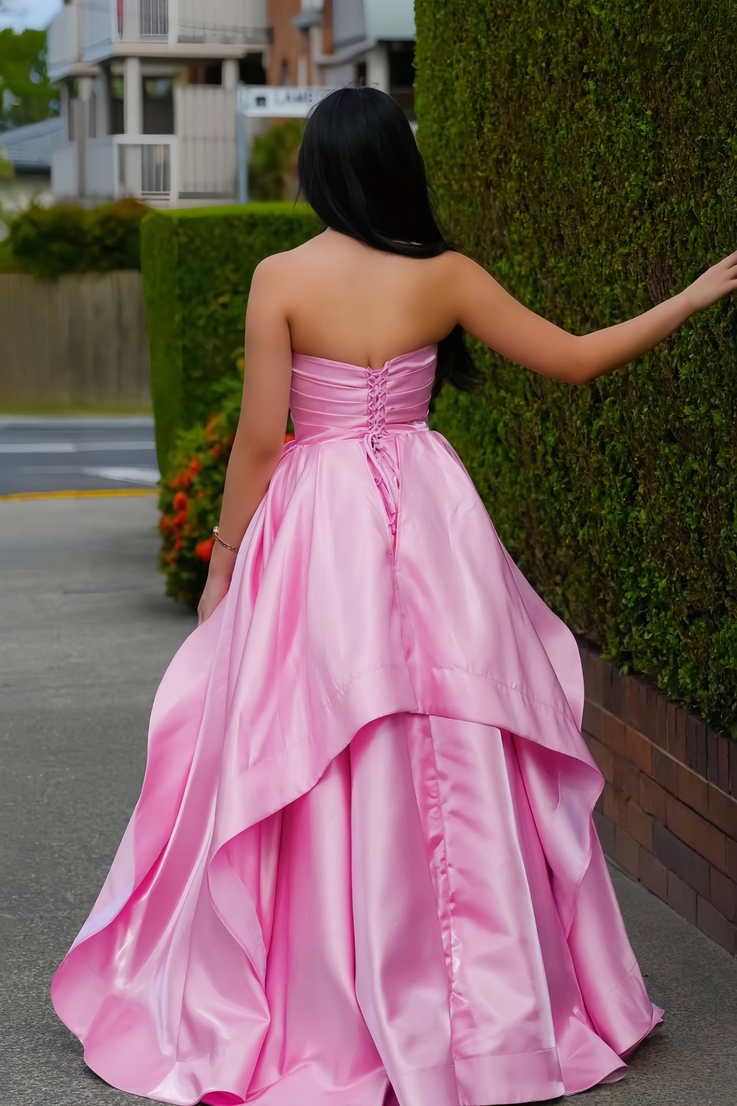 Pink Strapless Ruched Ruffle A-line Dress