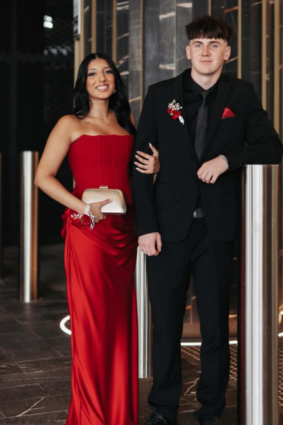 Red Strapless Fitted Ruched Satin Long dress