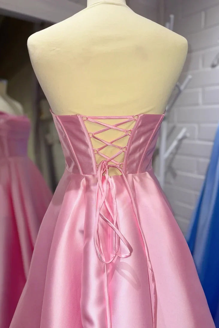 Pink Strapless Satin A-line Prom Gown