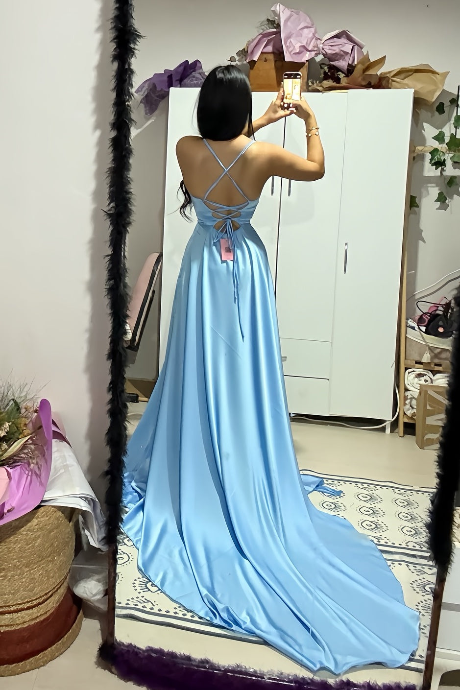 Blue Spaghetti Straps A-line Satin Long Prom Dress