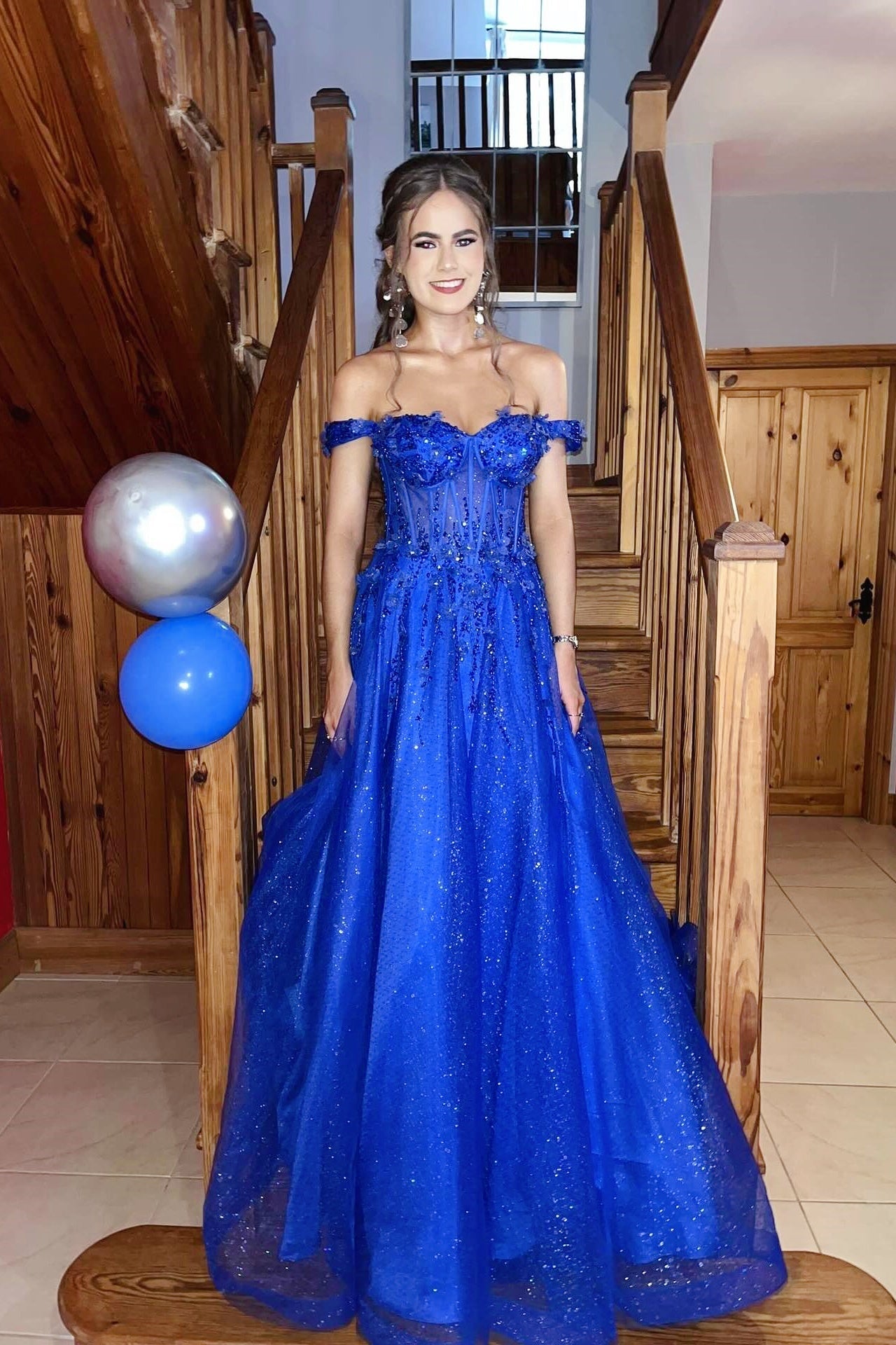 Royal Blue Glitter Tulle Off-the-Shoulder A-Line Prom Gown