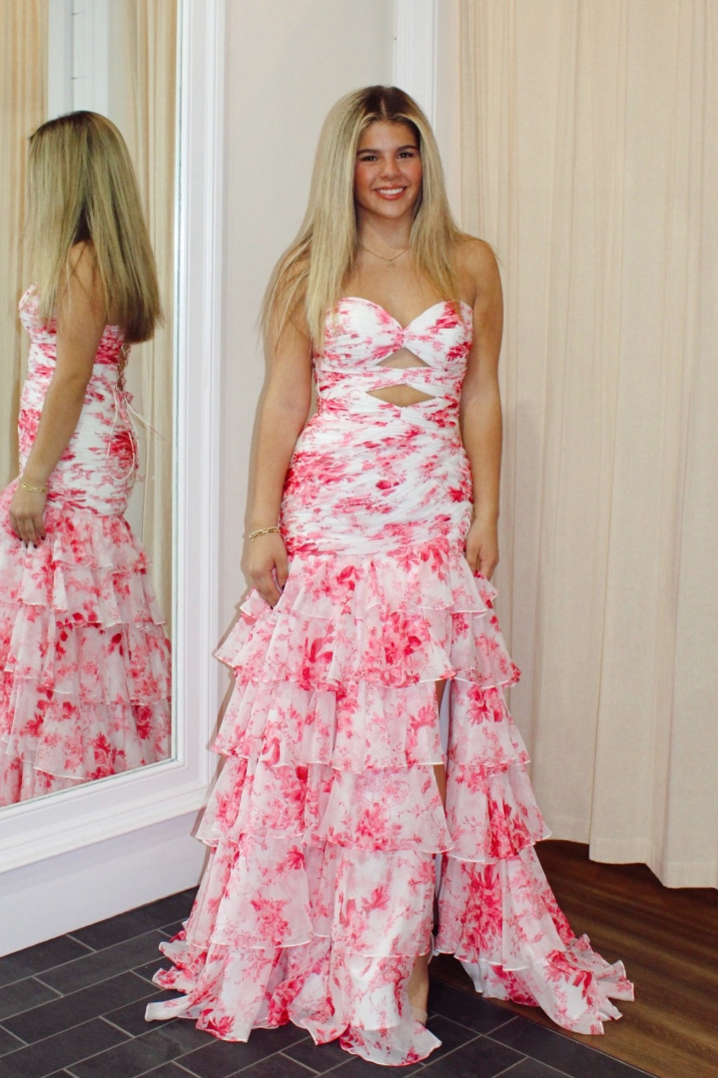 Red Sweetheart Floral Print Cut-Out Mermaid Prom Gown