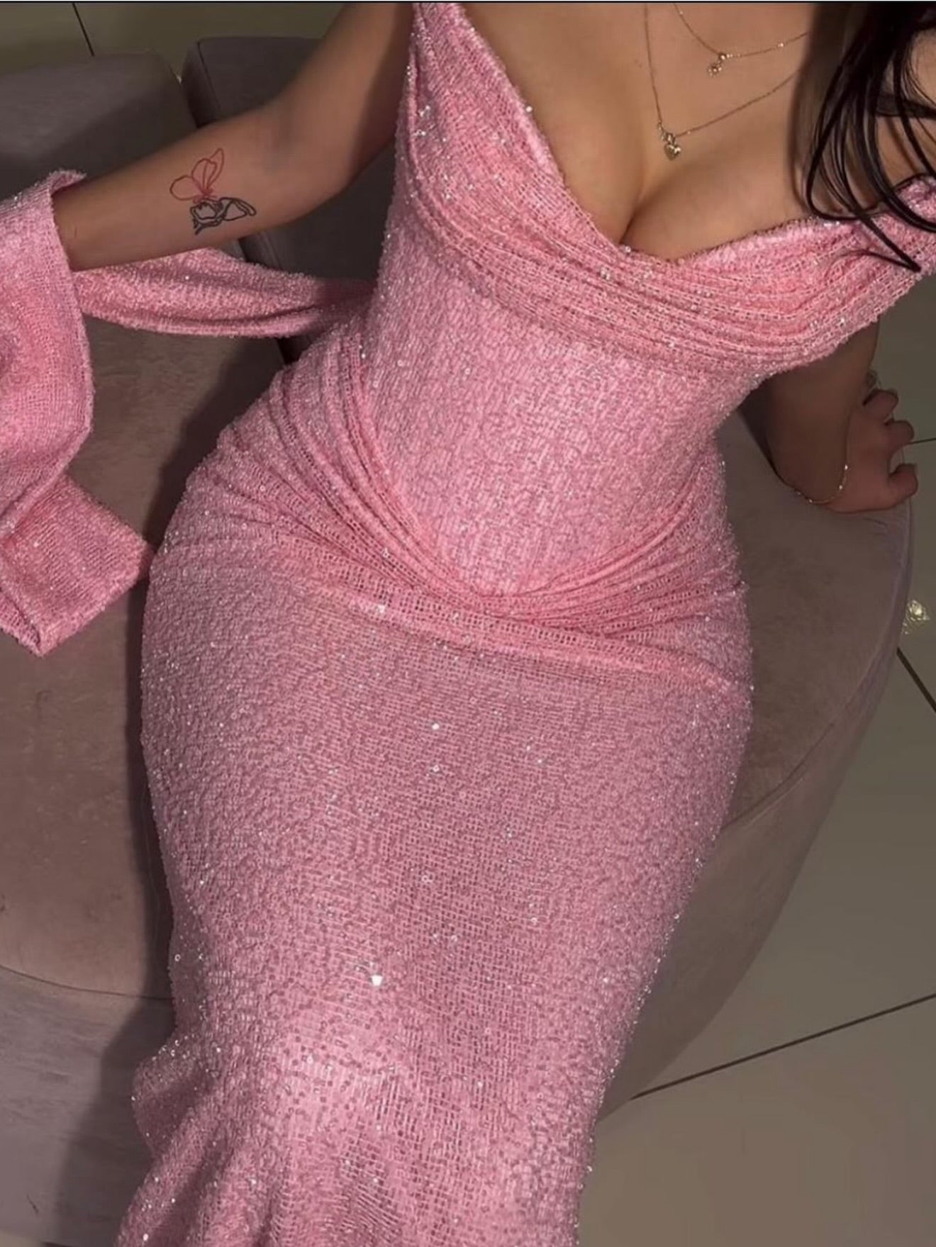 Pink One Shoulder Sleeveless Sequins Mermaid Floor-Length Evening Dress