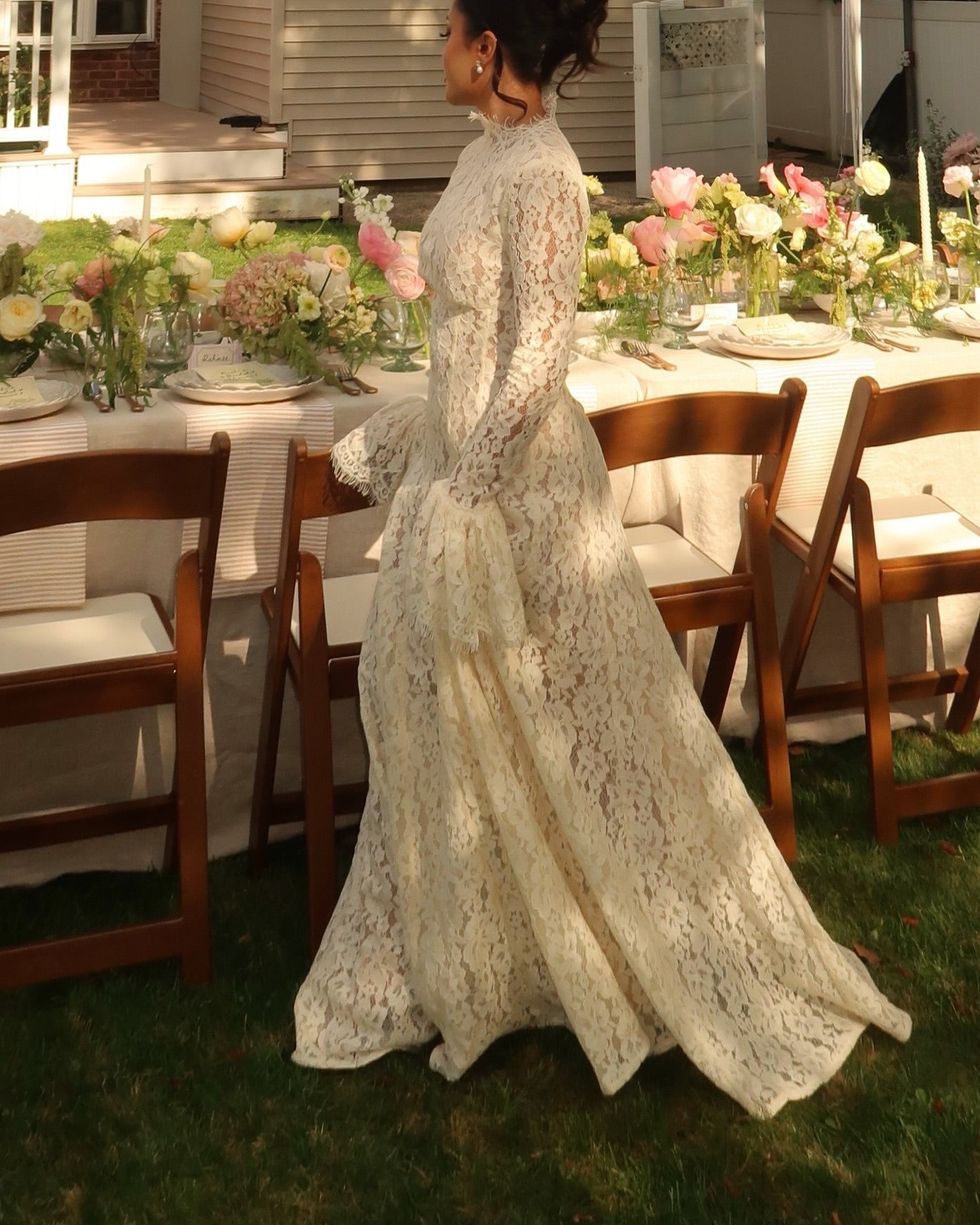 Lace Ruffles Long Sleeve A-Line Floor-Length Wedding Dress